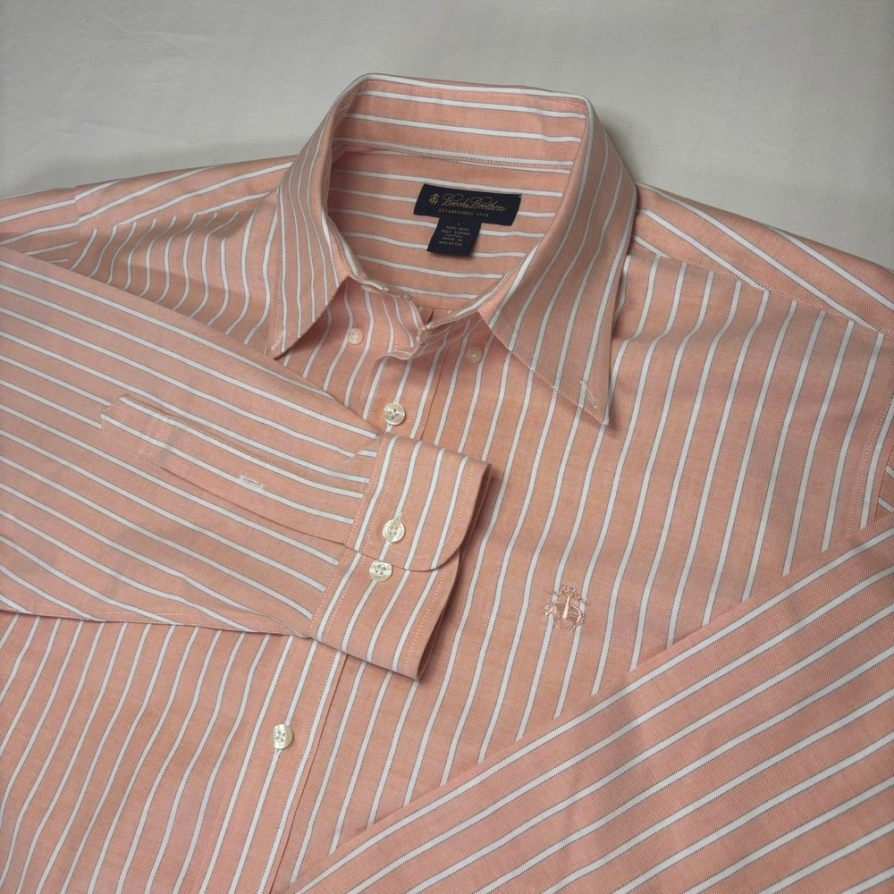 Brooks Brothers Button Down Shirt Mens L Salmon Striped Non-Iron Supima Cotton